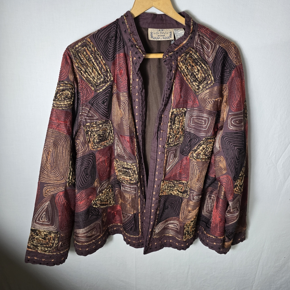 Lifestyle Women's Plus Size 1x Multicolor Patterned Jacket Embroidered Vintage